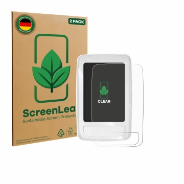 Front side of a product packaging with the brand logo ScreenLeaf. Next to it is the device Giant Axact 14W shown with the corr