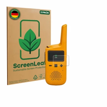 Front side of a product packaging with the brand logo ScreenLeaf. Next to it is the device Motorola Talkabout T72 shown with t