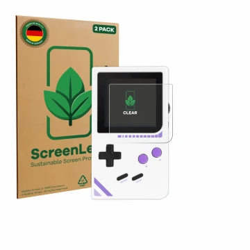 Front side of a product packaging with the brand logo ScreenLeaf. Next to it is the device Modretro Chromatic shown with the c
