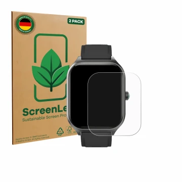 Front side of a product packaging with the brand logo ScreenLeaf. Next to it is the device FORRLITE Smartwatch 2.01
