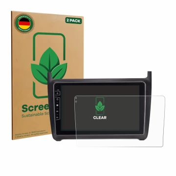 Front side of a product packaging with the brand logo ScreenLeaf. Next to it is the device Dynavin D9-69H Premium Flex 9
