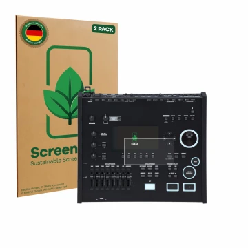 Front side of a product packaging with the brand logo ScreenLeaf. Next to it is the device Roland V71 shown with the correspon