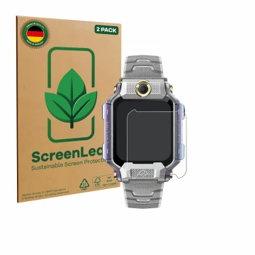 Front side of a product packaging with the brand logo ScreenLeaf. Next to it is the device Imoo Watch Phone X10 shown with the