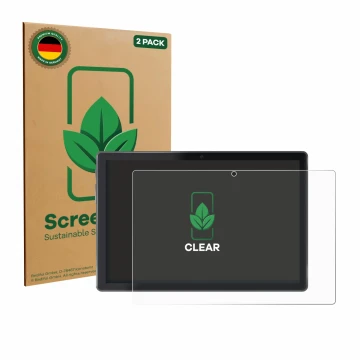 Front side of a product packaging with the brand logo ScreenLeaf. Next to it is the device Lisciani Mio Tab 10