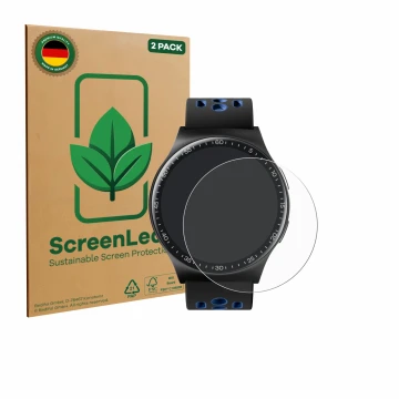 Front side of a product packaging with the brand logo ScreenLeaf. Next to it is the device Reebok Pulse Smartwatch shown with 