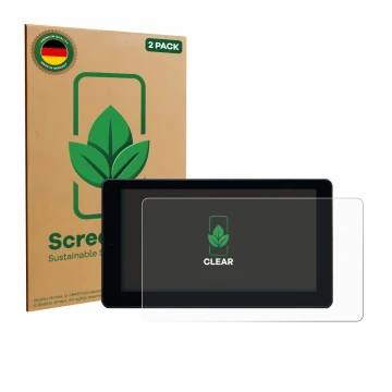 Front side of a product packaging with the brand logo ScreenLeaf. Next to it is the device Zontes 368 K shown with the corresp