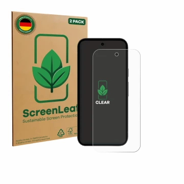 Front side of a product packaging with the brand logo ScreenLeaf. Next to it is the device Google Pixel 10a shown with the cor