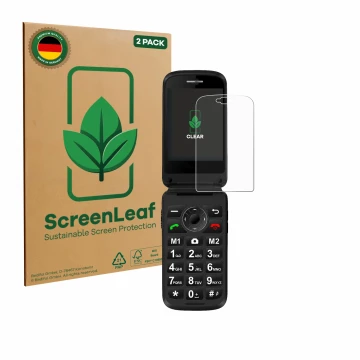 Front side of a product packaging with the brand logo ScreenLeaf. Next to it is the device Simvalley Mobile XL-970 shown with 