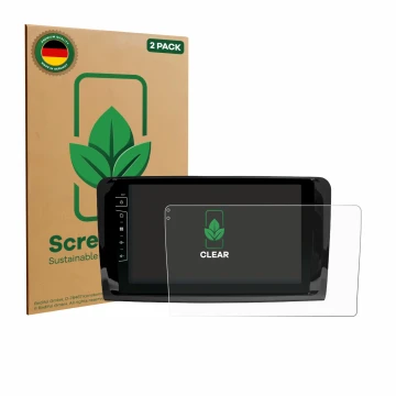Front side of a product packaging with the brand logo ScreenLeaf. Next to it is the device Dynavin D9-DF432 9