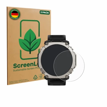 Front side of a product packaging with the brand logo ScreenLeaf. Next to it is the device Huami Amazfit T-Rex Ultra 2 shown w