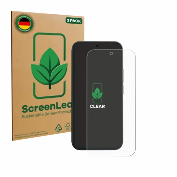 Front side of a product packaging with the brand logo ScreenLeaf. Next to it is the device Vivo V70 shown with the correspondi