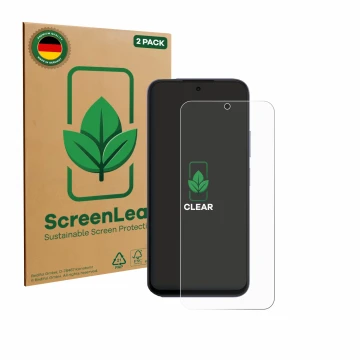 Front side of a product packaging with the brand logo ScreenLeaf. Next to it is the device Oppo A6x 4G shown with the correspo