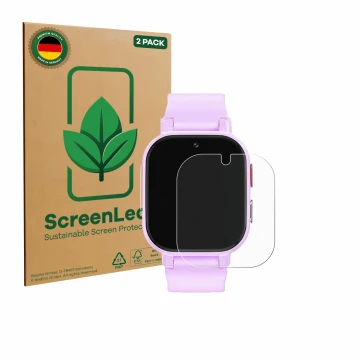 Front side of a product packaging with the brand logo ScreenLeaf. Next to it is the device Alutoria Kids Smartwatch 1.42