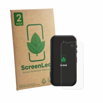 Front side of a product packaging with the brand logo ScreenLeaf. Next to it is the device Fossibot F116 Pro 5G shown with the