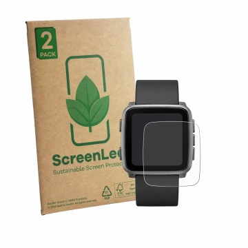 Front side of a product packaging with the brand logo ScreenLeaf. Next to it is the device Pebble Time 2 2026 shown with the c
