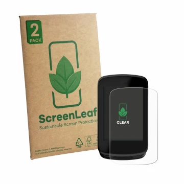 Front side of a product packaging with the brand logo ScreenLeaf. Next to it is the device Magene C606 V2 shown with the corre