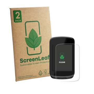Front side of a product packaging with the brand logo ScreenLeaf. Next to it is the device Magene C606 Pro shown with the corr
