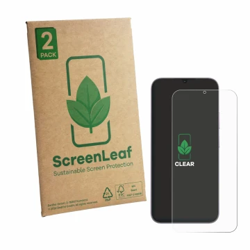 Front side of a product packaging with the brand logo ScreenLeaf. Next to it is the device realme C100i shown with the corresp