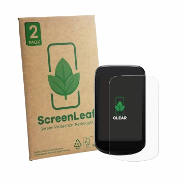 Front side of a product packaging with the brand logo ScreenLeaf. Next to it is the device iGPSPORT BSC500 shown with the corr