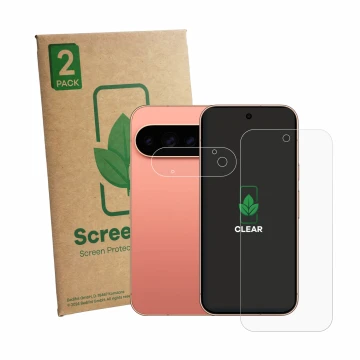 Front side of a product packaging with the brand logo ScreenLeaf. Next to it is the device Google Pixel 11 Pro (Front+Camera) 