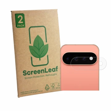 Front side of a product packaging with the brand logo ScreenLeaf. Next to it is the device Google Pixel 11 Pro (ONLY Camera Le