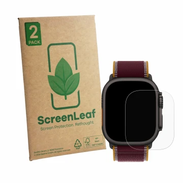 Front side of a product packaging with the brand logo ScreenLeaf. Next to it is the device Apple Watch Ultra 4 (49 mm) shown w
