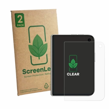 Front side of a product packaging with the brand logo ScreenLeaf. Next to it is the device Apple iPhone Duo shown with the cor
