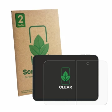 Front side of a product packaging with the brand logo ScreenLeaf. Next to it is the device Apple iPhone Duo (Inner display) sh