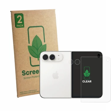 Front side of a product packaging with the brand logo ScreenLeaf. Next to it is the device Apple iPhone Duo (Front+Camera) sho