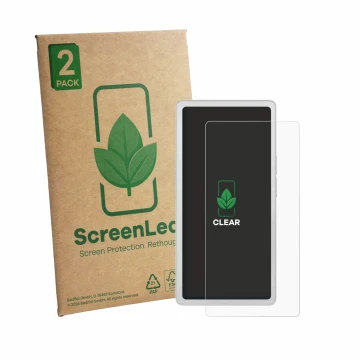 Front side of a product packaging with the brand logo ScreenLeaf. Next to it is the device PocketBook Q shown with the corresp