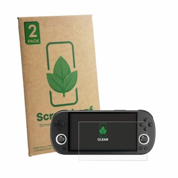 Front side of a product packaging with the brand logo ScreenLeaf. Next to it is the device Trimui Smart Pro shown with the cor
