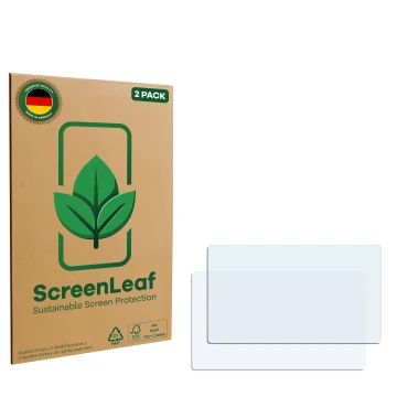 Front side of a product packaging with the brand logo ScreenLeaf. Next to it is the corresponding screen protector.
