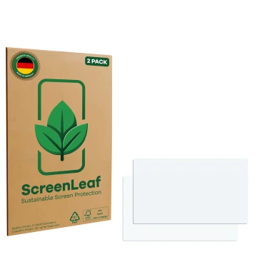 Front side of a product packaging with the brand logo ScreenLeaf. Next to it is the corresponding screen protector.