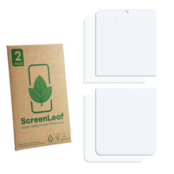 Front side of a product packaging with the brand logo ScreenLeaf. Next to it is the corresponding screen protector.