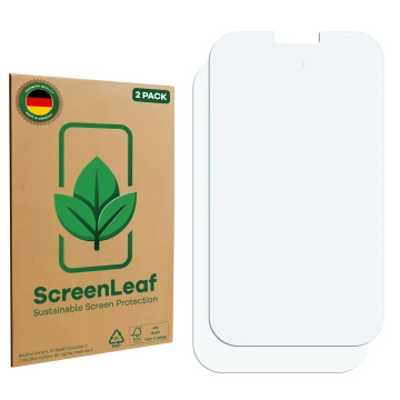 Front side of a product packaging with the brand logo ScreenLeaf. Next to it is the corresponding screen protector.