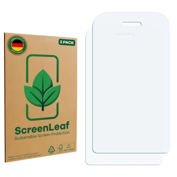Front side of a product packaging with the brand logo ScreenLeaf. Next to it is the corresponding screen protector.