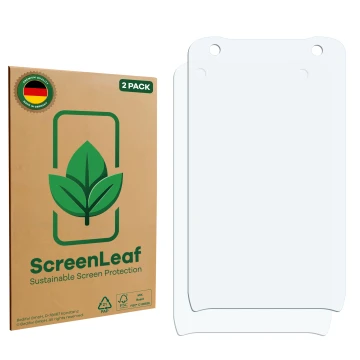 Front side of a product packaging with the brand logo ScreenLeaf. Next to it is the corresponding screen protector.
