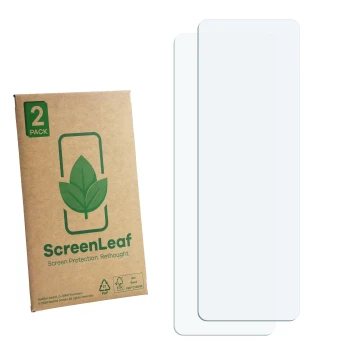 Front side of a product packaging with the brand logo ScreenLeaf. Next to it is the corresponding screen protector.