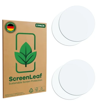 Front side of a product packaging with the brand logo ScreenLeaf. Next to it is the corresponding screen protector.