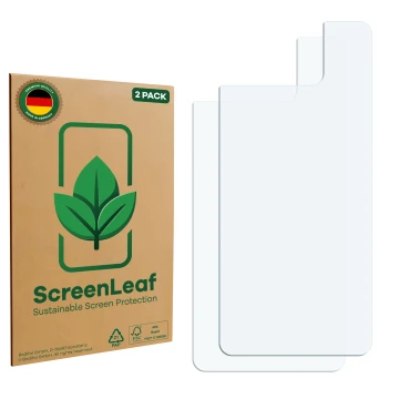 Front side of a product packaging with the brand logo ScreenLeaf. Next to it is the corresponding screen protector.
