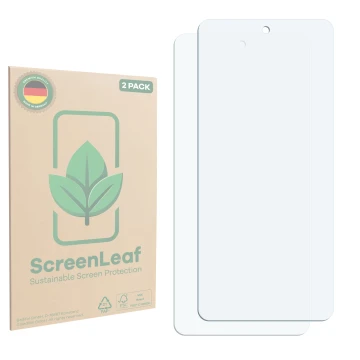 Front side of a product packaging with the brand logo ScreenLeaf. Next to it is the corresponding screen protector.