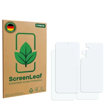 Front side of a product packaging with the brand logo ScreenLeaf. Next to it is the corresponding screen protector.