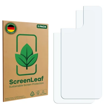 Front side of a product packaging with the brand logo ScreenLeaf. Next to it is the corresponding screen protector.