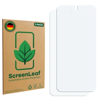 Front side of a product packaging with the brand logo ScreenLeaf. Next to it is the corresponding screen protector.