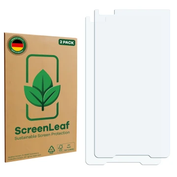 Front side of a product packaging with the brand logo ScreenLeaf. Next to it is the corresponding screen protector.