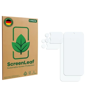 Front side of a product packaging with the brand logo ScreenLeaf. Next to it is the corresponding screen protector.