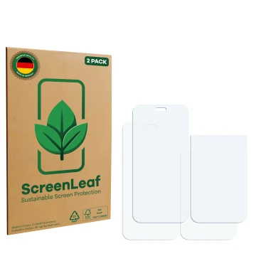 Front side of a product packaging with the brand logo ScreenLeaf. Next to it is the corresponding screen protector.