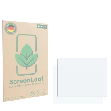 Front side of a product packaging with the brand logo ScreenLeaf. Next to it is the corresponding screen protector.