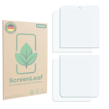 Front side of a product packaging with the brand logo ScreenLeaf. Next to it is the corresponding screen protector.