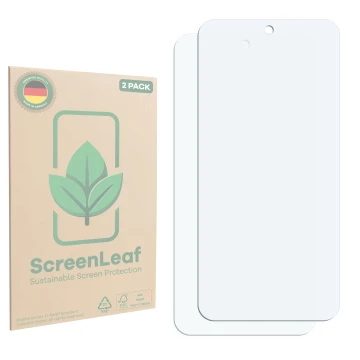 Front side of a product packaging with the brand logo ScreenLeaf. Next to it is the corresponding screen protector.